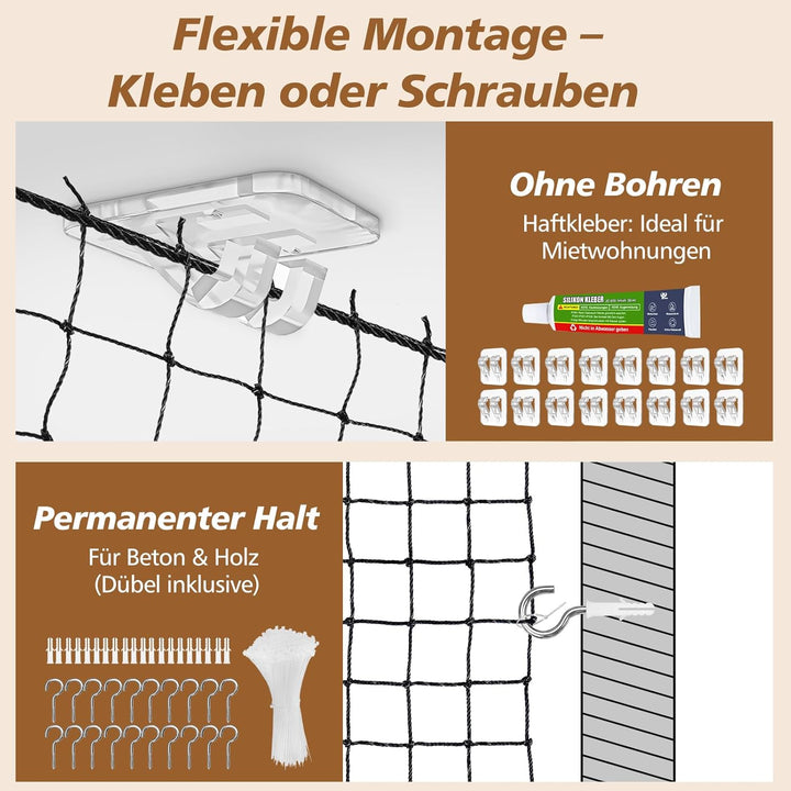 Aystkniet Katzennetz für Balkon Ohne Bohren 6×2M inlk. Klebehaken & Silikonkleber, Robustes Katzenne