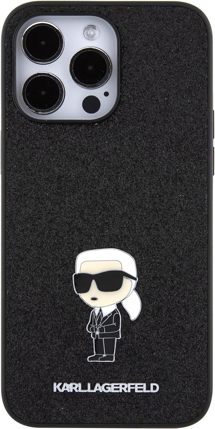 CG Mobile Karl Lagerfeld Fixed Glitter Case with Ikonik Logo Metal Pin for iPhone 15 Pro -Bla Schwar