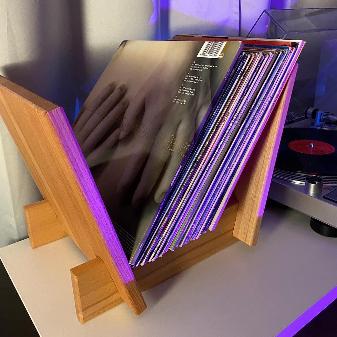 Rikmani Aufbewahrung von Vinylplatten - Schallplatten Halter Regal aus Eiche Massivholz im hochwerti
