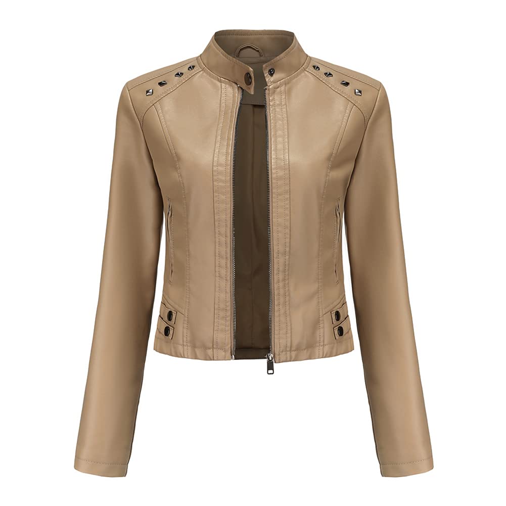 YYNUDA Damen Lederjacke Kurz Bikerjacke Stehkragen Reissverschluss Leder Jacke Übergangsjacke für He