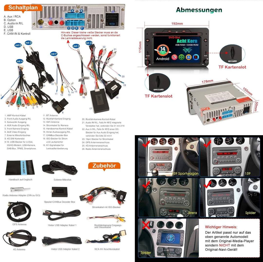 Erisin 8-Kern Android 14 DAB+ Autoradio 4GB RAM+64GB ROM Navigation Für Alfa Romeo 159 Spider Brera