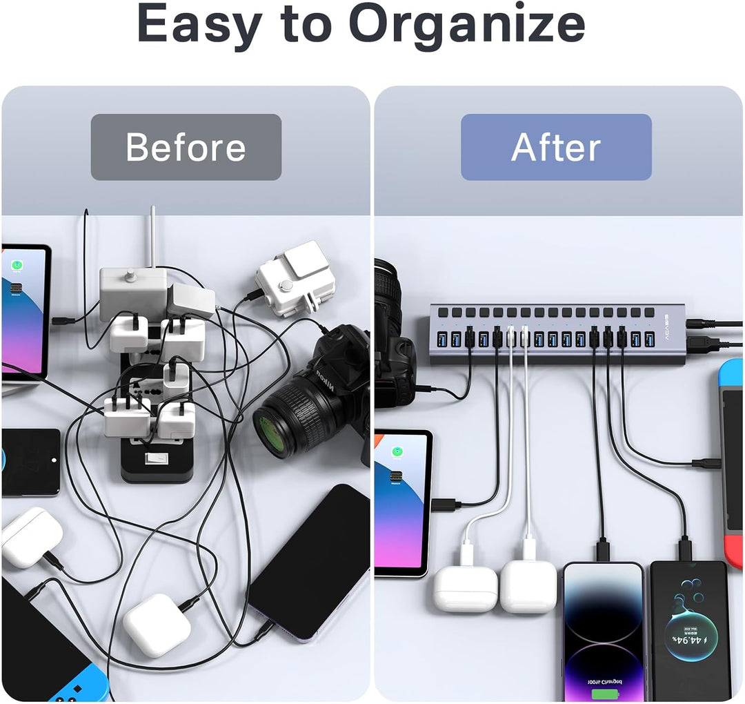 Powered USB 3.2 Hub, ACASIS 16 Ports USB 3.2 Hub mit 10Gbps Datenrate, Aluminiumgehäuse, USB Hub Pow