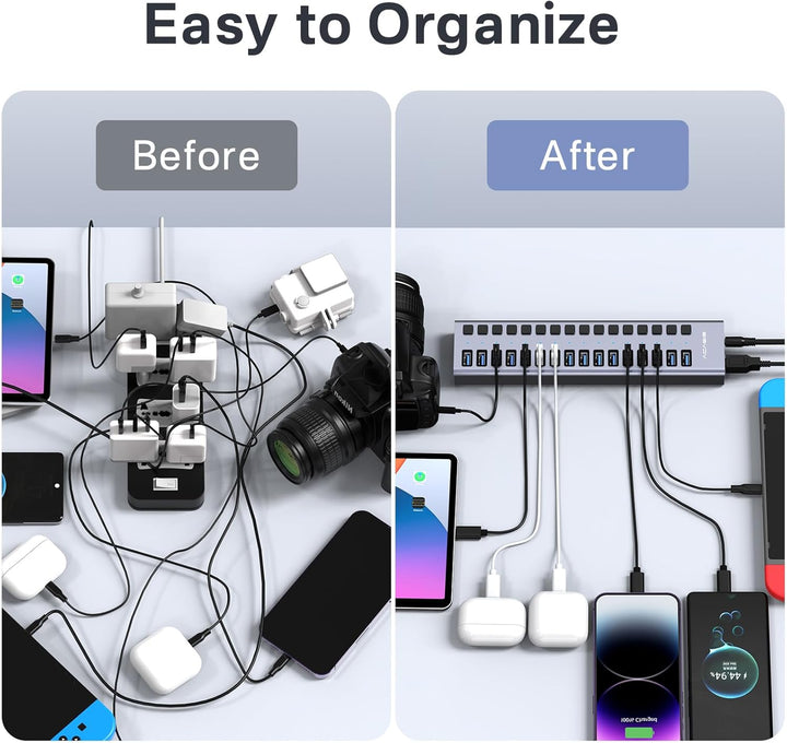 Powered USB 3.2 Hub, ACASIS 16 Ports USB 3.2 Hub mit 10Gbps Datenrate, Aluminiumgehäuse, USB Hub Pow