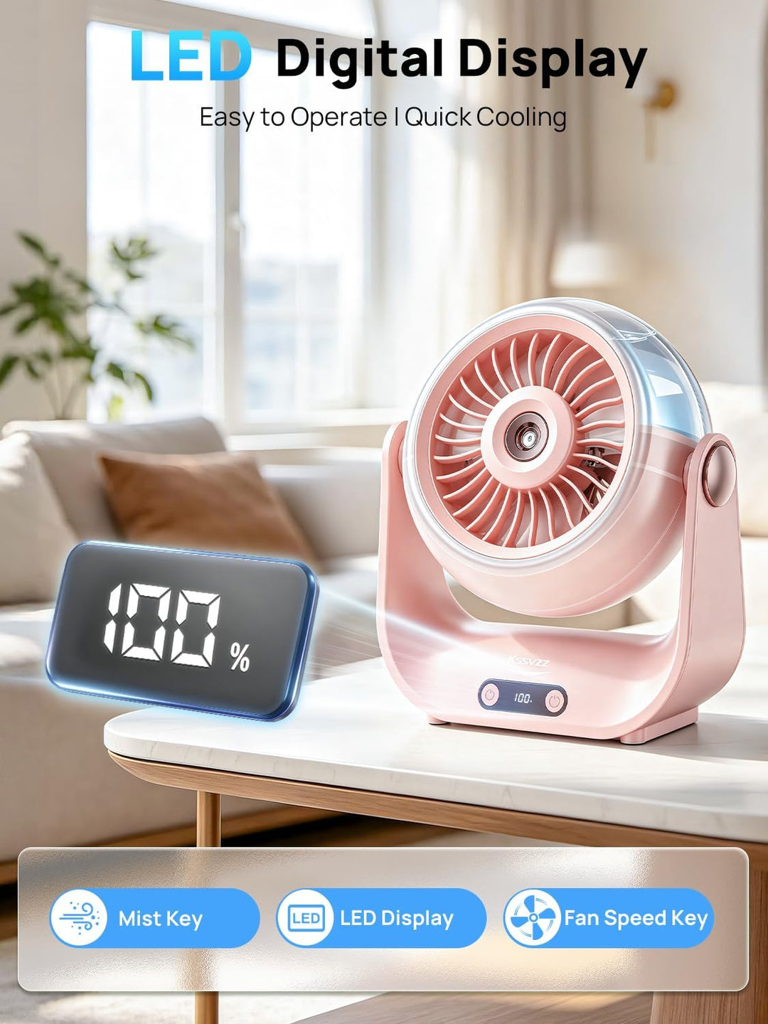Kssvzz Tischventilator Leise mit Wasserkühlung - 5000mAh USB Ventilator Akku mit 5 Stufen, LED-Anzei