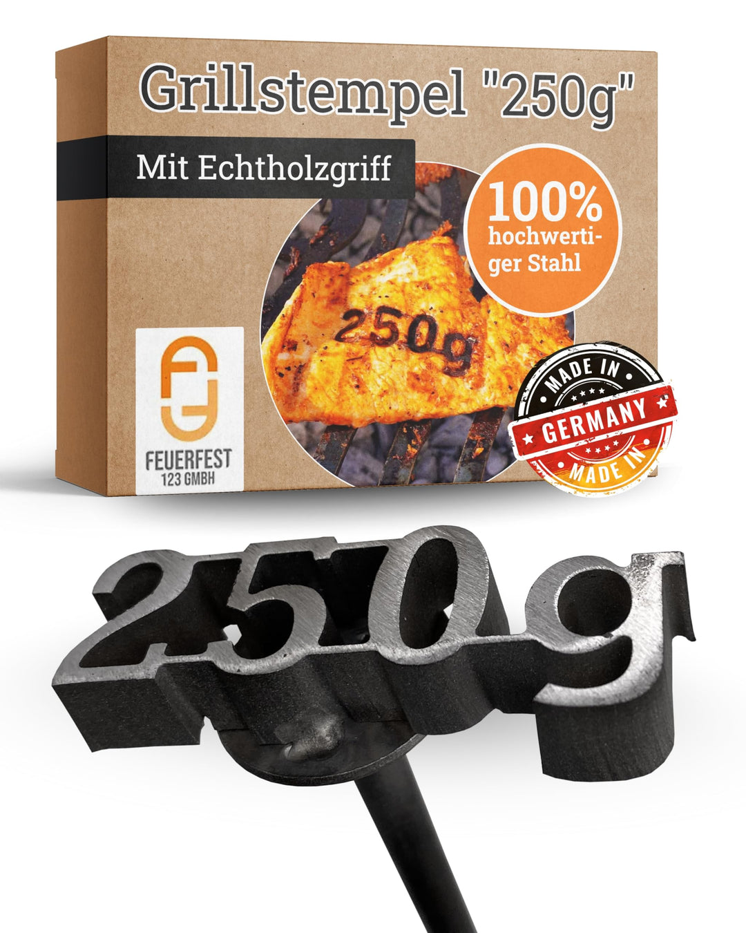 Feuerfest 123 Brennstempel mit 250g-Motiv I 5,8 x 2,3 x 35 cm I Grill-Stempel aus robustem Stahl I H