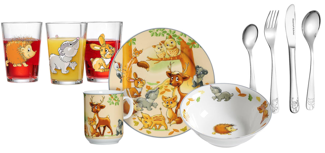 Ritzenhoff & Breker Kindergeschirr-Set Waldtiere mit Besteck und Trinkgläsern, 10-teilig, Porzellan