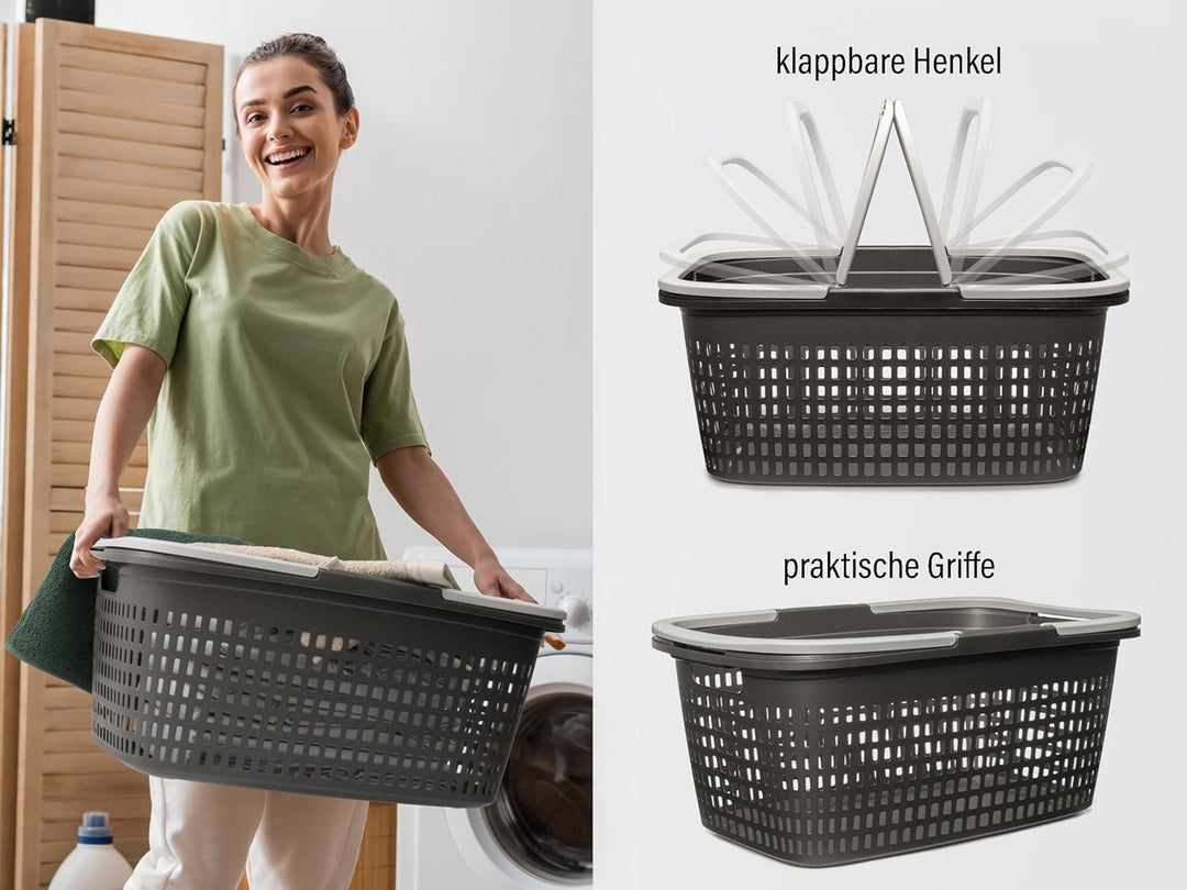 Hausfelder Wäschekorb, 2er Set, 58x37x25cm, Anthrazit | Kunststoff, 2er Set, 58x37x25cm, mit Henkel,