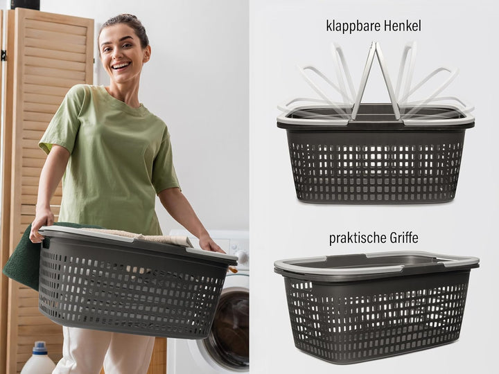 Hausfelder Wäschekorb, 2er Set, 58x37x25cm, Anthrazit | Kunststoff, 2er Set, 58x37x25cm, mit Henkel,