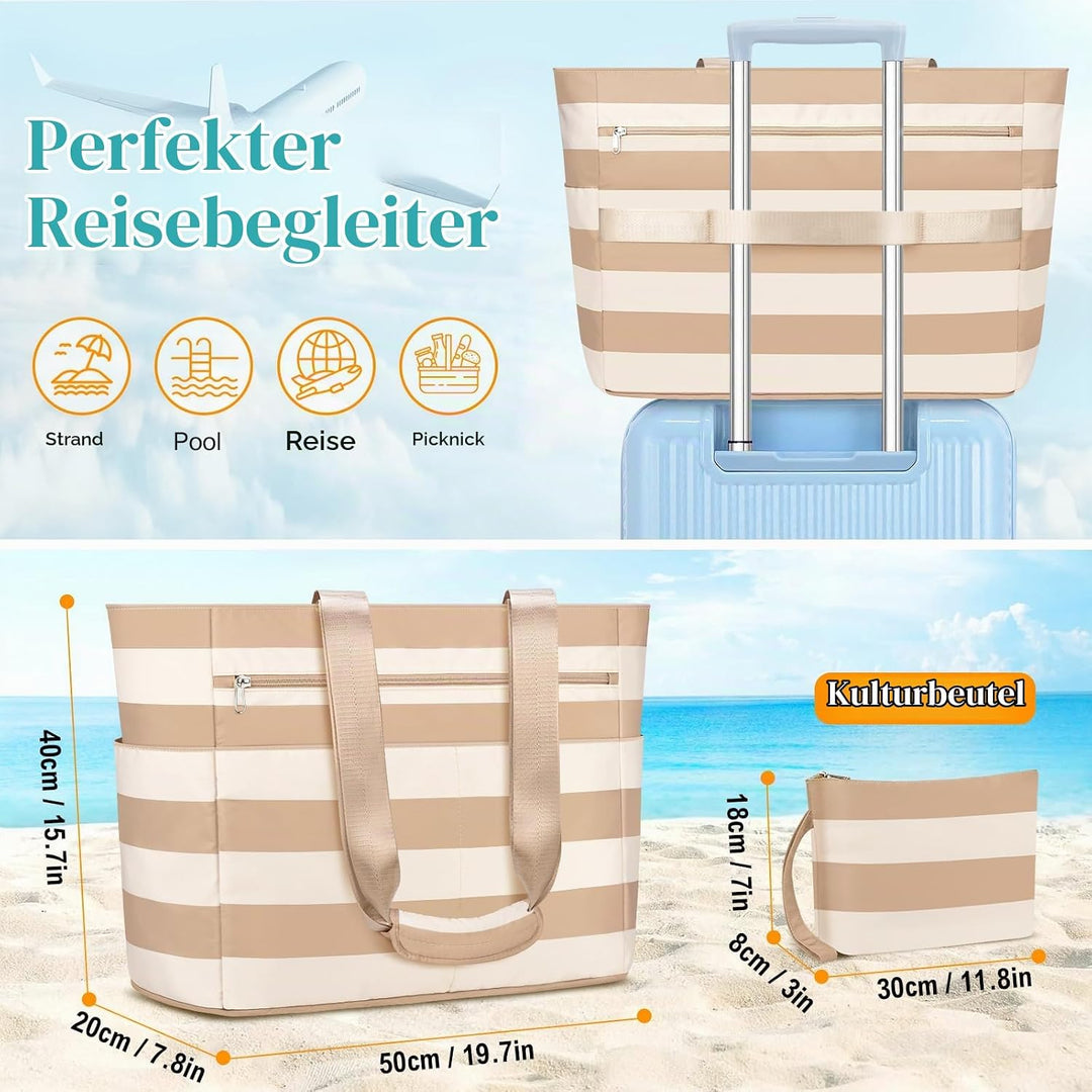 Strandtasche mit Reissverschluss XXL Familie Strandtasche Damen Gross Shopper Tasche Beach Tote Bag