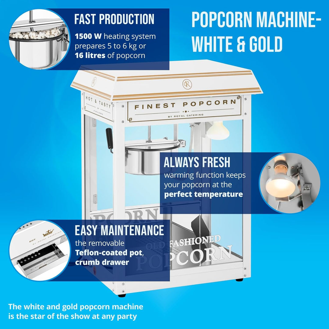 Royal Catering RCPS-WG1 Retro Popcornmaschine Popcornmaker Popcornautomat 1600 W 5 kg/h golden & wei
