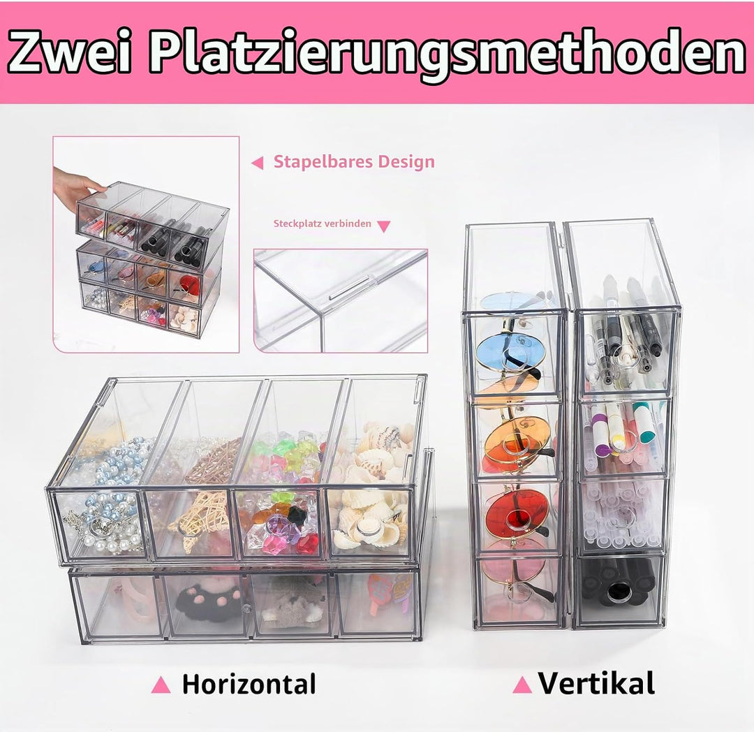 4 Stück Schubladenorganizer mit 16 Fächern Schubladenbox Stapelbar Schreibtisch-Organizer mit Heraus