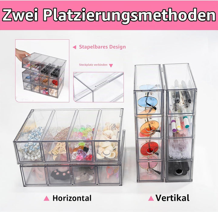 4 Stück Schubladenorganizer mit 16 Fächern Schubladenbox Stapelbar Schreibtisch-Organizer mit Heraus
