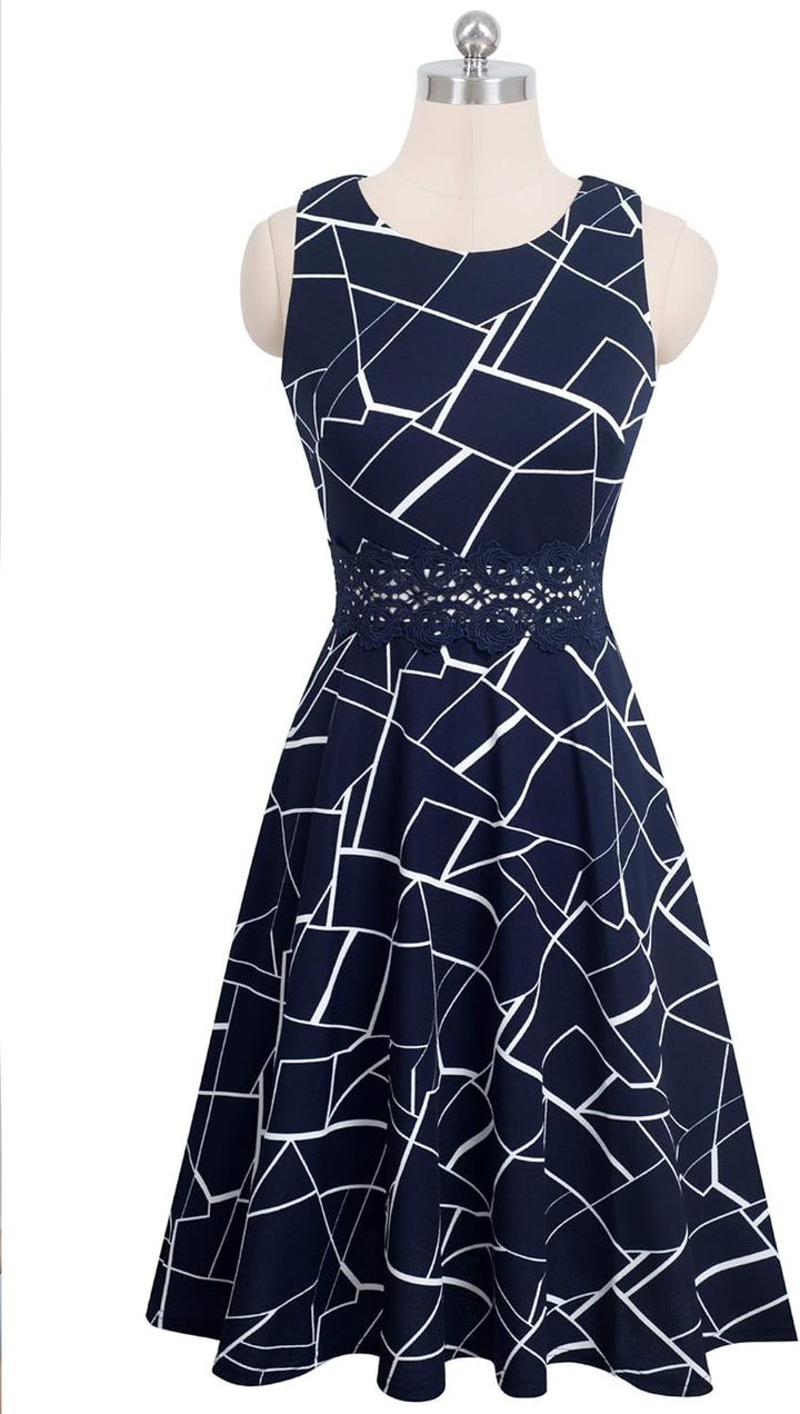HOMEYEE Damen Vintage Rundhalsausschnitt Blumen Bestickt Knielang Elegant Cocktailkleid UKA079 S Str
