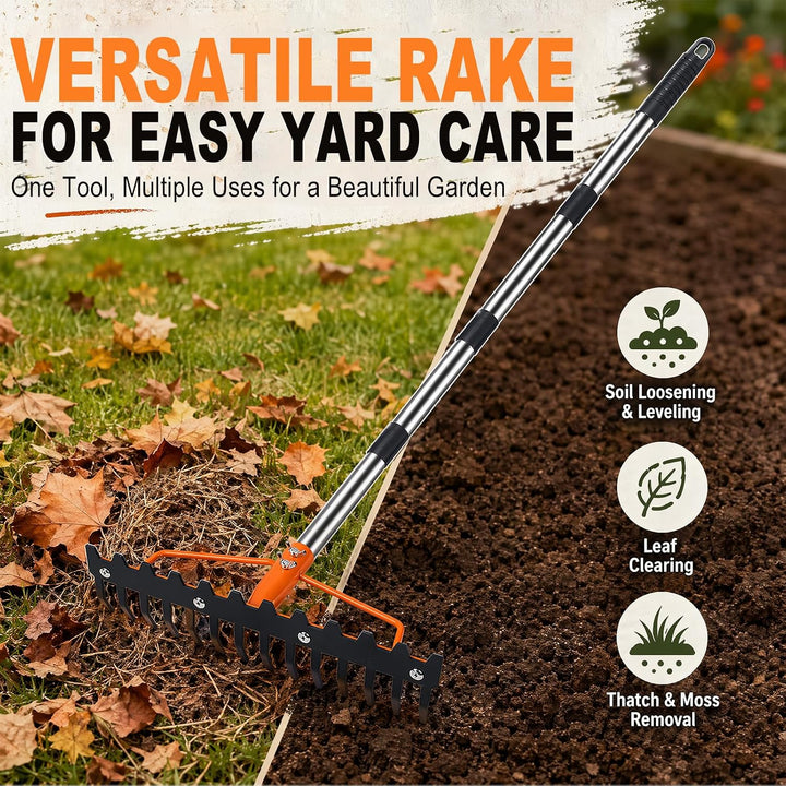 Gartenrechen, 1,6m Robuste Metall Gartenharke mit 17 Stahlzinken, Rasenharke zum Lockern von Boden u