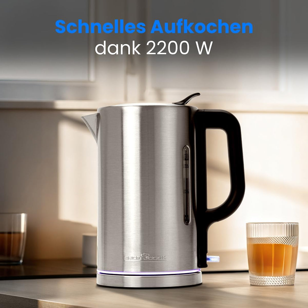 ProfiCook® Wasserkocher Edelstahl 1,7L | Ambiente-Beleuchtung | 2200W | Einhandbedienung | BPA frei