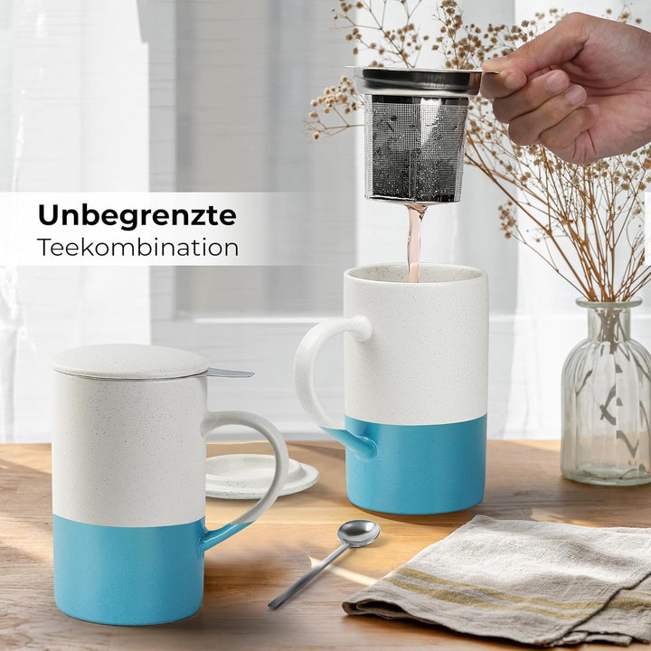 MIAMIO - Tee Tassen Set 2 x 500 ml mit Deckel und Sieb/Keramik Tee Becher mit Teeei und Löffel für d