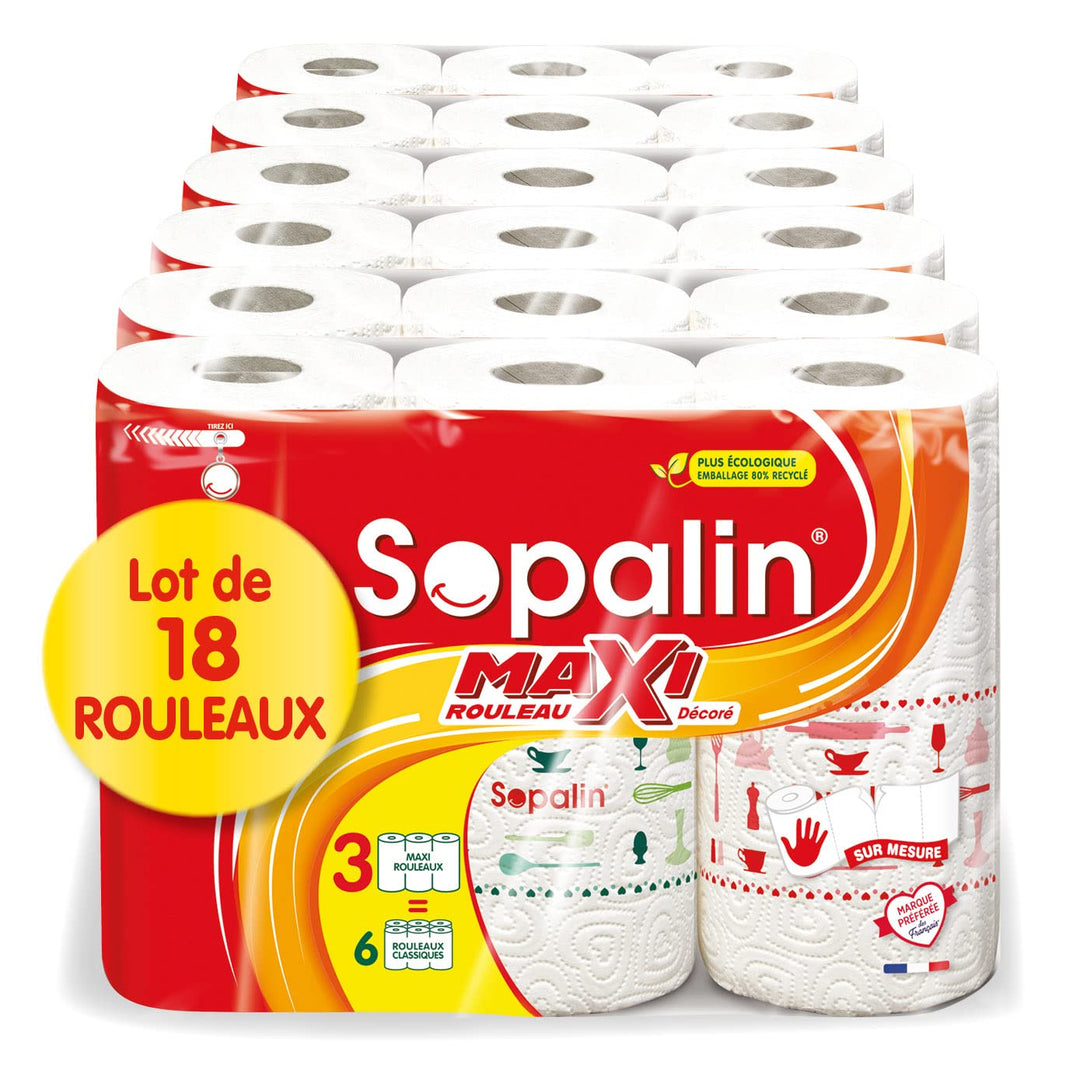 Sopalin Maxi-Rollen dekoriert – x18 Maxi-Rollen = 36 klassische Rollen – 3-lagig – halbe Blätter – V