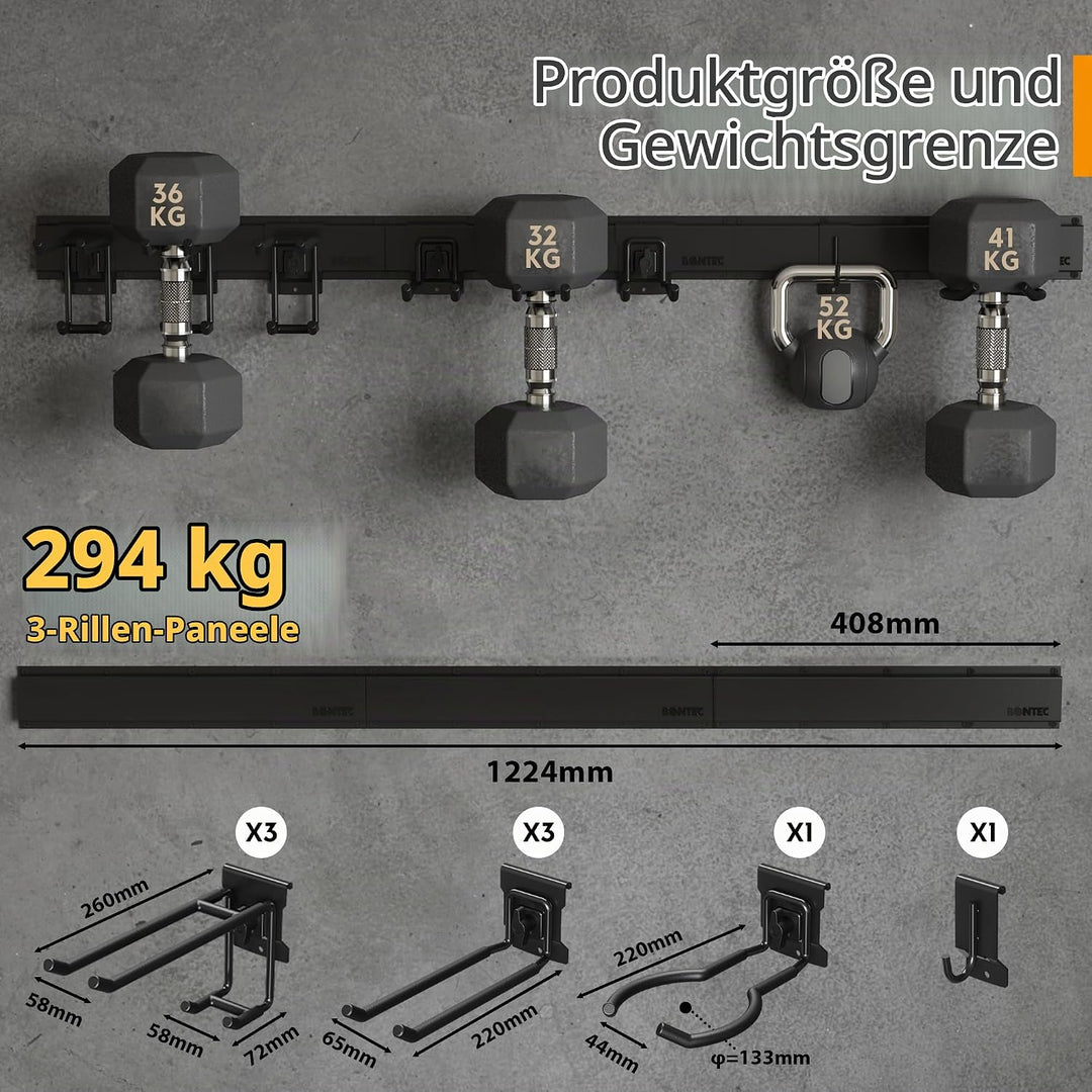 BONTEC Wandmontierter Werkzeughalter, 294kg Tragfähigkeit, 3 Rail Panels, Verstellbare Garage Wandre
