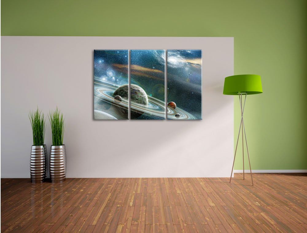 Pixxprint Planet mit Ringsystem / 3-Teilig/Gesamtmass 120cm Leinwandbild bespannt auf Holzrahmen/Wan