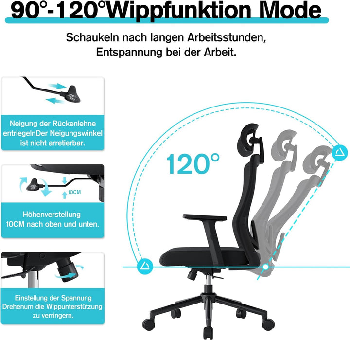 Bürostuhl mit 120° Wippfunktion, Schreibtischstuhl Ergonomischer Bürostuhl mit Verstellbarer Lendenw