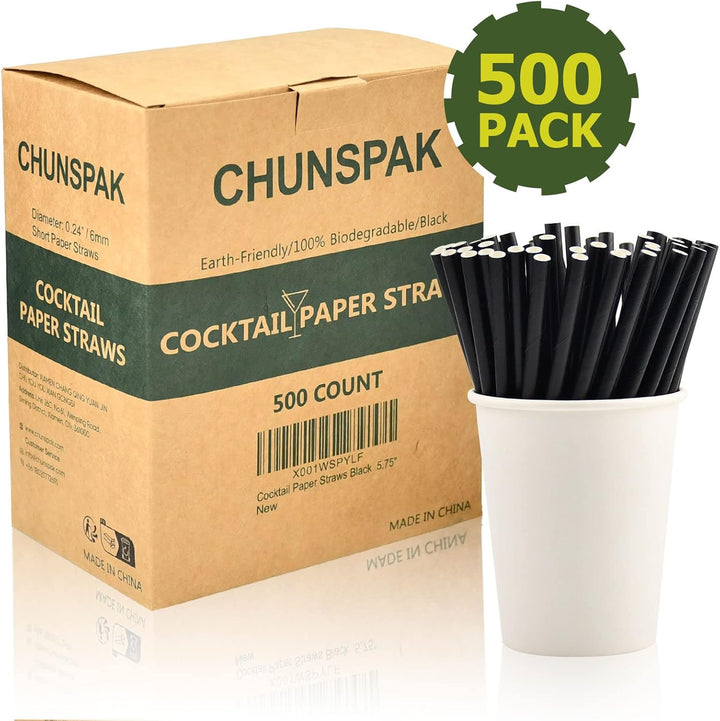 Kleine schwarze Papierstrohhalme für Cocktails, Kaffee & Short Drinks - 14,6 x 0,6 cm, 500 Stück - 1