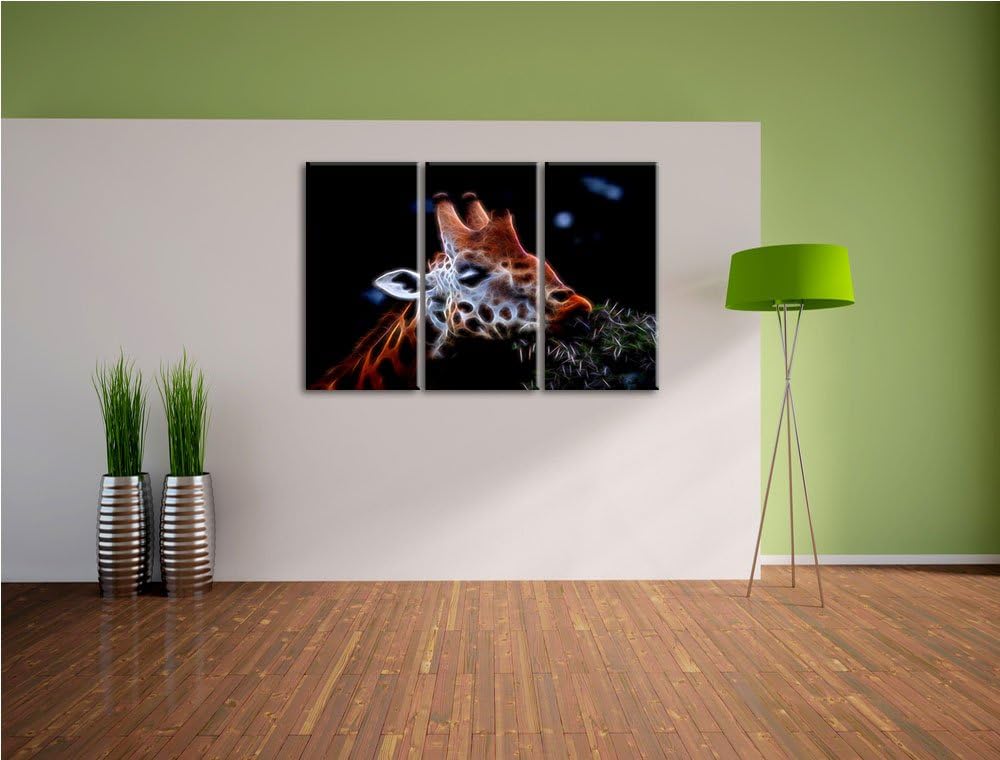 Dark schöne Giraffe beim Fressen NewArt 3-Teiler Leinwandbild 120x80 Bild auf Leinwand, XXL riesige