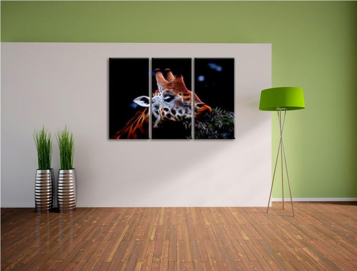 Dark schöne Giraffe beim Fressen NewArt 3-Teiler Leinwandbild 120x80 Bild auf Leinwand, XXL riesige