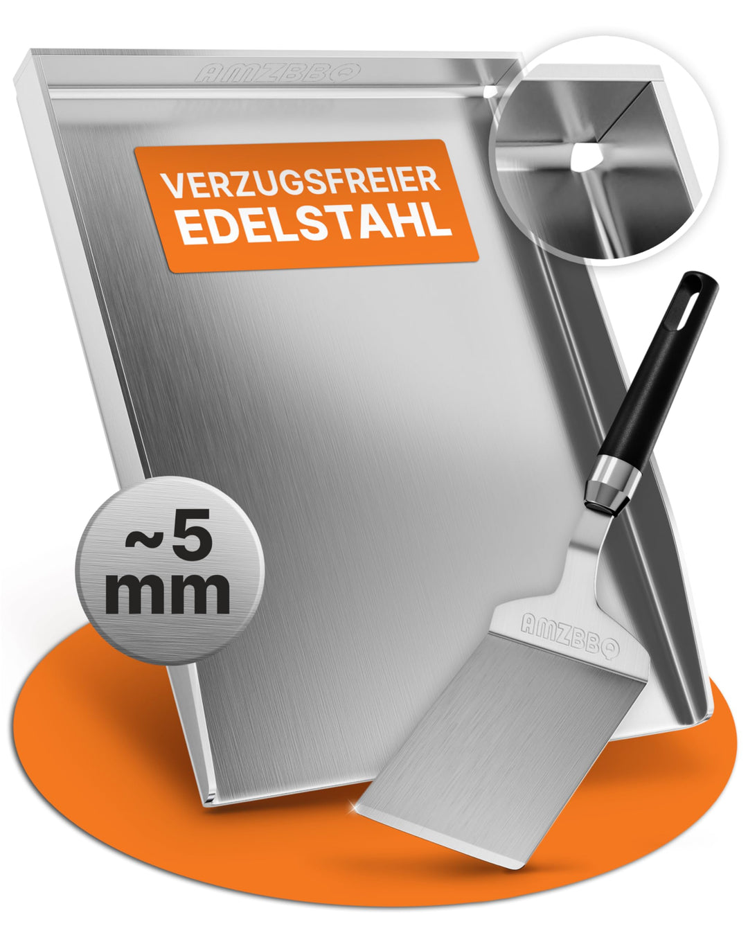 AMZBBQ® Premium Plancha Set - 40 x 30 cm - Grillplatte für Gas- & Kohlegrill - 4,8 mm massiver Edels