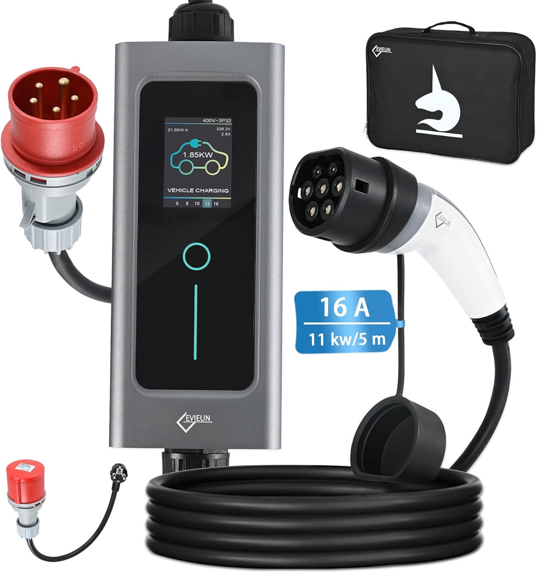EVIEUN EV Ladekabel Typ 2 11 kW 3-Phasen 6-16 A 5 M, EV-Ladegerät Ladekabel CEE auf Typ 2 mit Allen