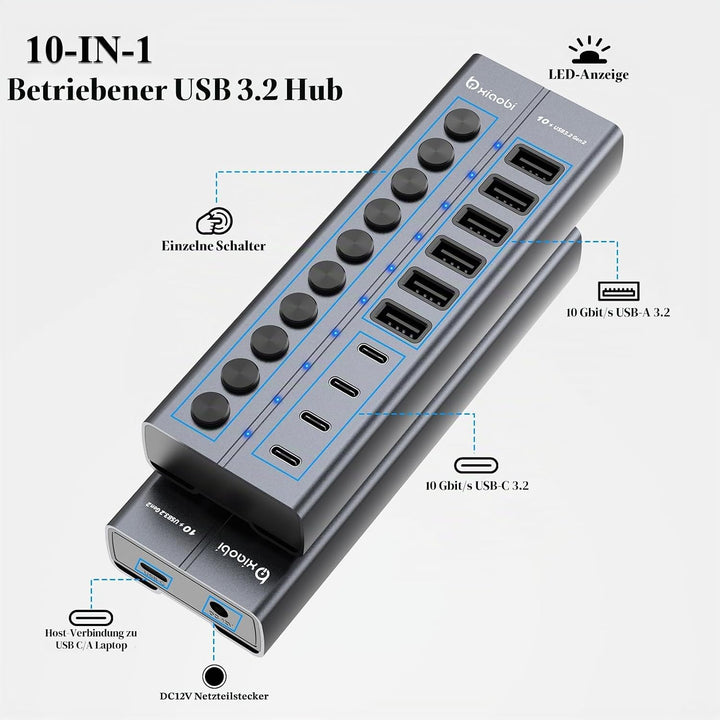 10 Port USB Hub mit Netzteil 60W - 10Gbps USB 3.2 Gen 2 Hub Aktiv aus Aluminium mit 6 USB-A & 4 USB-