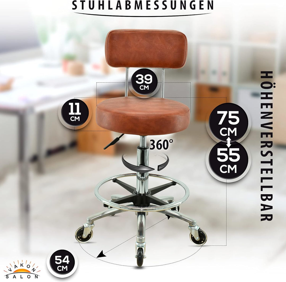 VAKON SALON - Premium Rollhocker in Hellbraun mit Lehne und Fussring - Höhenverstellbar 55-75 cm - R