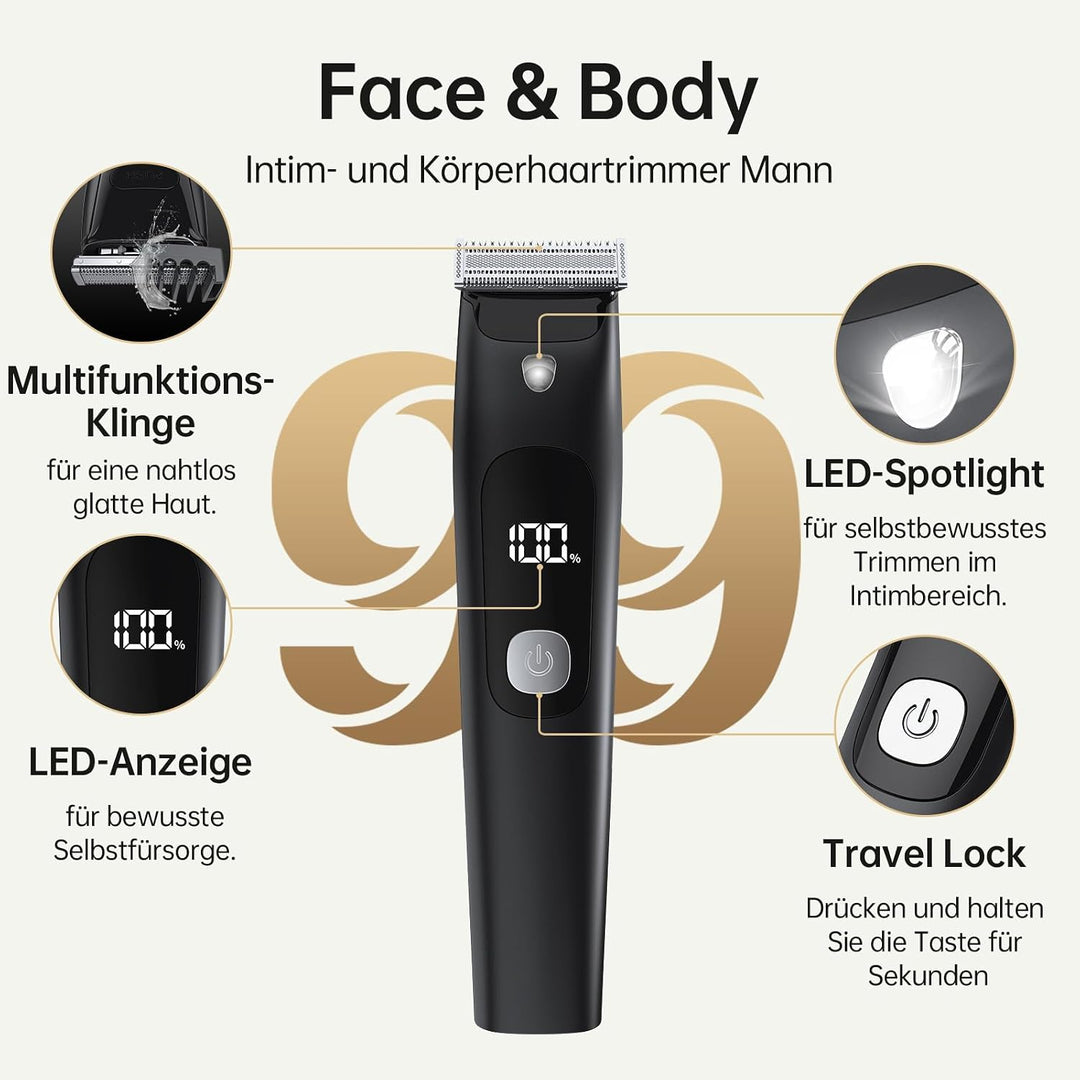 Intimrasierer Herren, Wasserdichter Bodygroomer mit USB-C, Nass und Trocken Schwarz, Schwarz