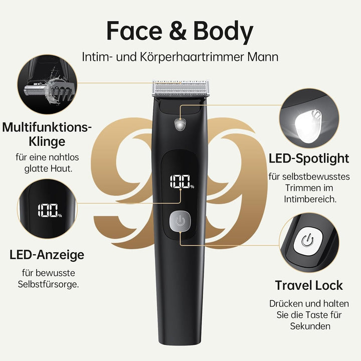 Intimrasierer Herren, Wasserdichter Bodygroomer mit USB-C, Nass und Trocken Schwarz, Schwarz