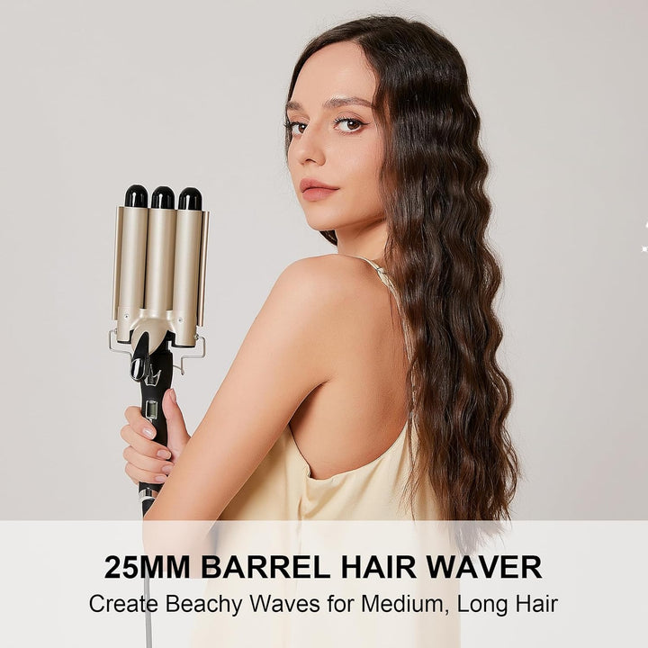 Welleneisen 3 Fässer Lockenstab BEACHWAVES Φ25mm, AIMERVO Curler LCD 14 Temperaturstufen 80-210℃, fü