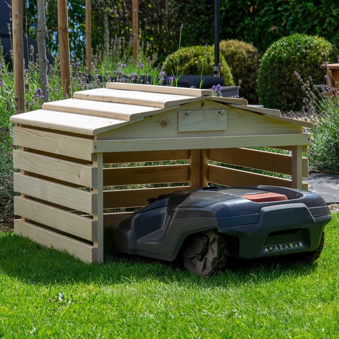 dobar® Mähroboter Garage aus Holz mit abnehmbarem Dach - Rasenroboter Unterstand mit individualisier