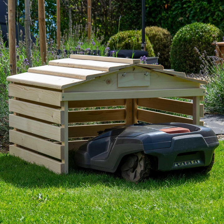dobar® Mähroboter Garage aus Holz mit abnehmbarem Dach - Rasenroboter Unterstand mit individualisier