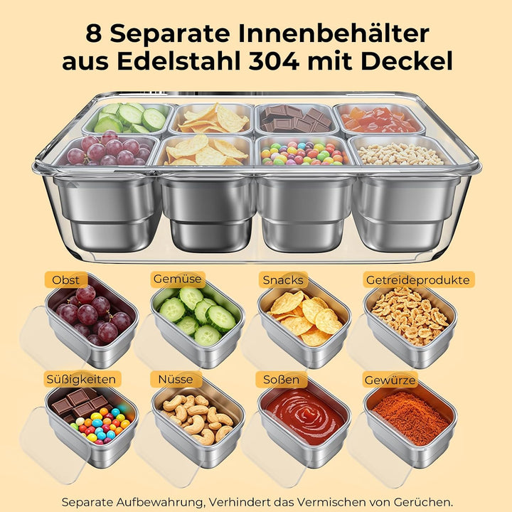 HiTauing Snackbox mit 8 Edelstahl Fächern, Snackteller mit Griff und 8 Einzelnen Deckeln, Verhindert