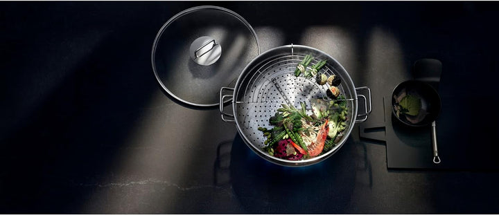 WMF Macao Wok Induktion 4-teilig, Wok-Pfanne 36 cm mit Glasdeckel, Ablagegitter, Dämpfereinsatz, Cro