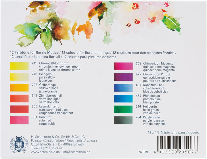 Schmincke - HORADAM® AQUARELL, Floral Set, 12 x 1/2 Näpfchen, 74 879 097, Metallkasten, Malset, fein