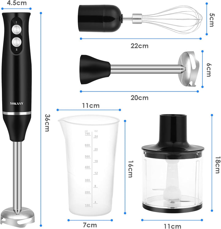 4-In-1 Elektrische Stabmixer, 500 W Pürierstab mit 2 Geschwindigkeiten, Stabmixer Edelstahl Schneebe