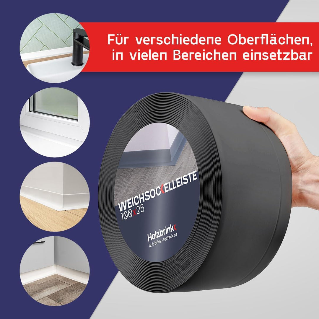 HOLZBRINK Weichsockelleiste PVC 100x25mm, 5 m | Wandleiste ohne Klebestreifen für Küche, Garage, Flu