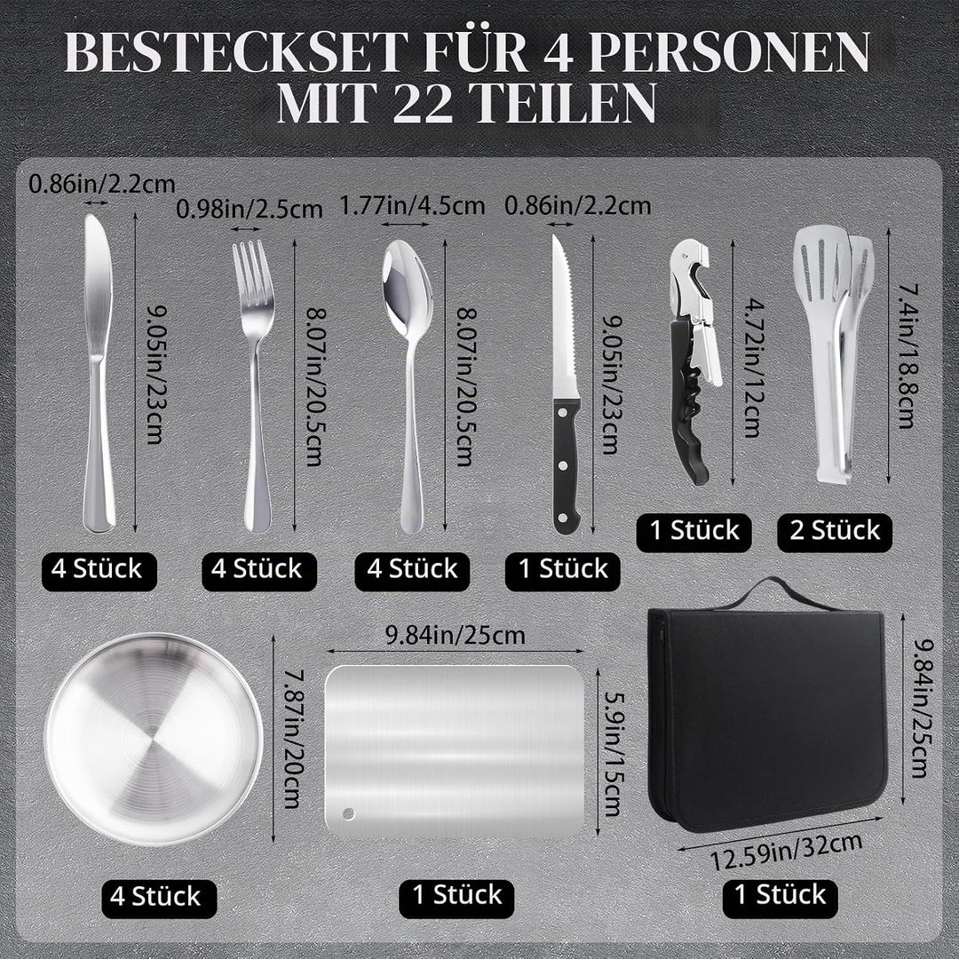 Camping Geschirr Set für 4 Personen, 22 Stück Tragbars Campingbesteck Set, Besteck Camping mit Löffe