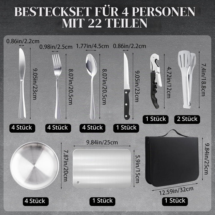 Camping Geschirr Set für 4 Personen, 22 Stück Tragbars Campingbesteck Set, Besteck Camping mit Löffe