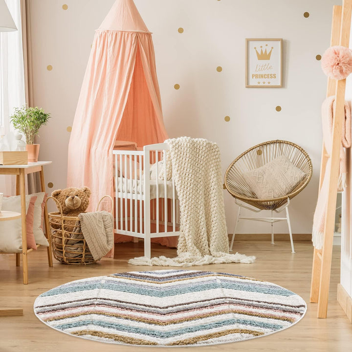 payé Teppich Rund - Hochflor - 120x120cm - Boho - Geometrisch Zick Zack - Muster -Pastellfarben Mult
