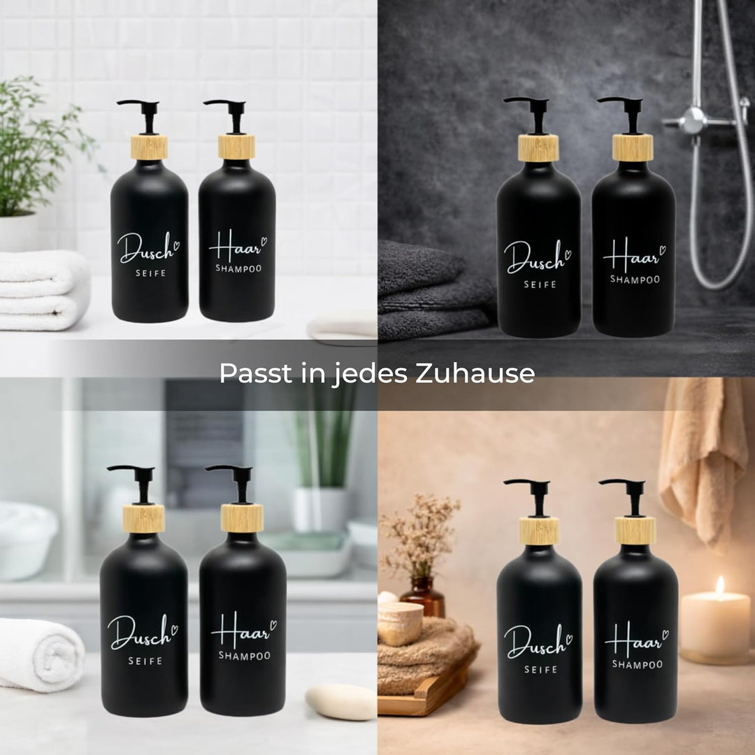 BoBoU Seifenspender Glas 2er Set Schwarz 500 ml Duschseife & Haarshampoo mit Deutscher Handschrift-B