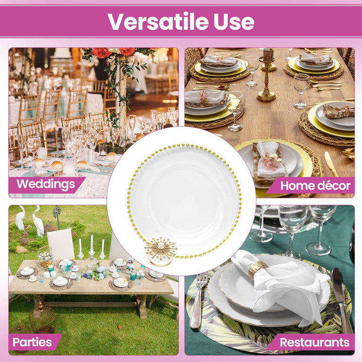 WedDecor Set mit 12 Platztellern und Serviettenringen, Tafelaufsatz aus klarem Glas mit Perlenteller