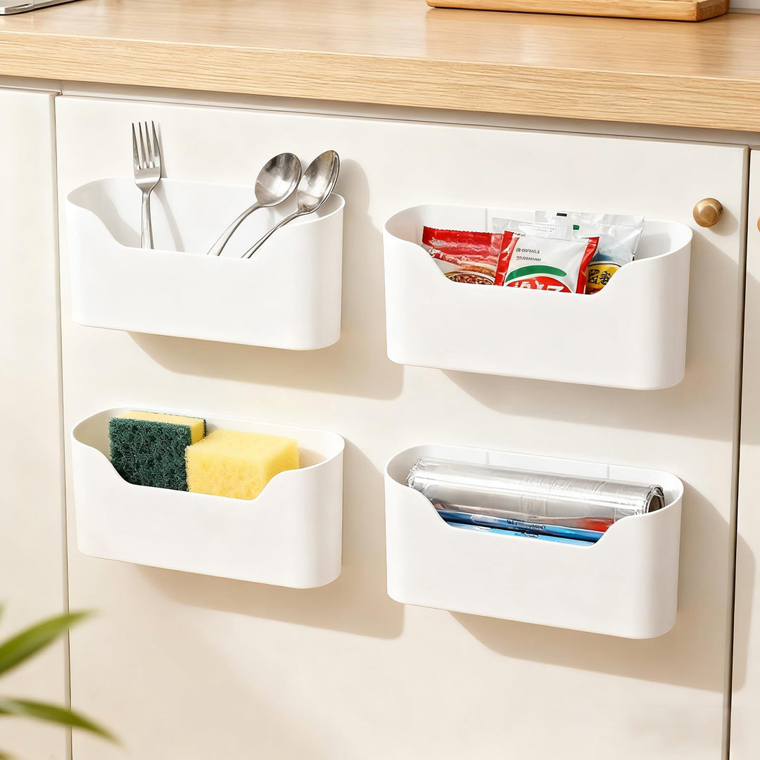 WOPPLXY 4 Stück Küchenschranktür-Aufbewahrungsbox, 23,5 x 6,8 x 10,8cm Weiss Selbstklebendes Wandmon