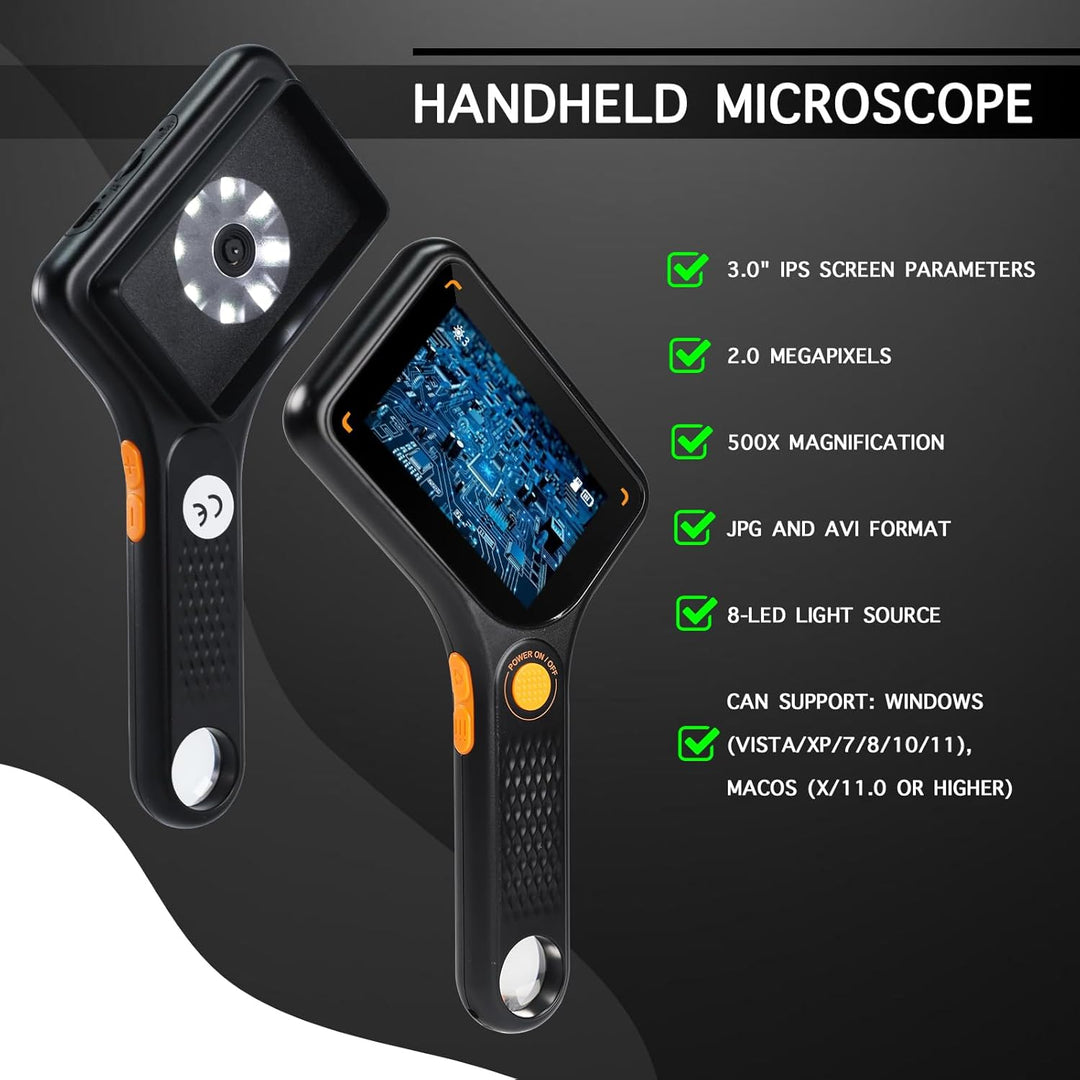 Digitales Mikroskop mit 7,6 cm (3 Zoll) IPS-Bildschirm, Autofokus, 8 LED-Leuchten, TF-Kartenschlitz,