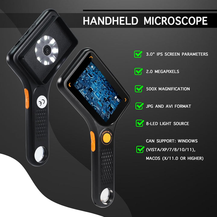 Digitales Mikroskop mit 7,6 cm (3 Zoll) IPS-Bildschirm, Autofokus, 8 LED-Leuchten, TF-Kartenschlitz,