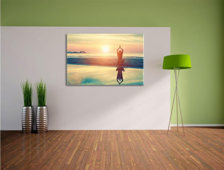 Pixxprint Frau in Einer Yogapose am Strand Kunst Buntstift Effekt, Format: 100x70 auf Leinwand, XXL